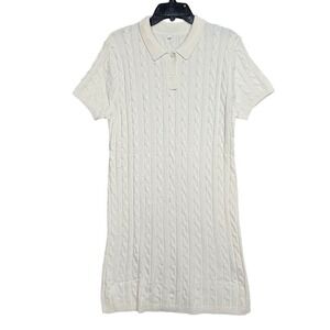 ANRABESS Cable‎ Knit Sweater Dress Short Sleeve Viscose Large Cream Off White